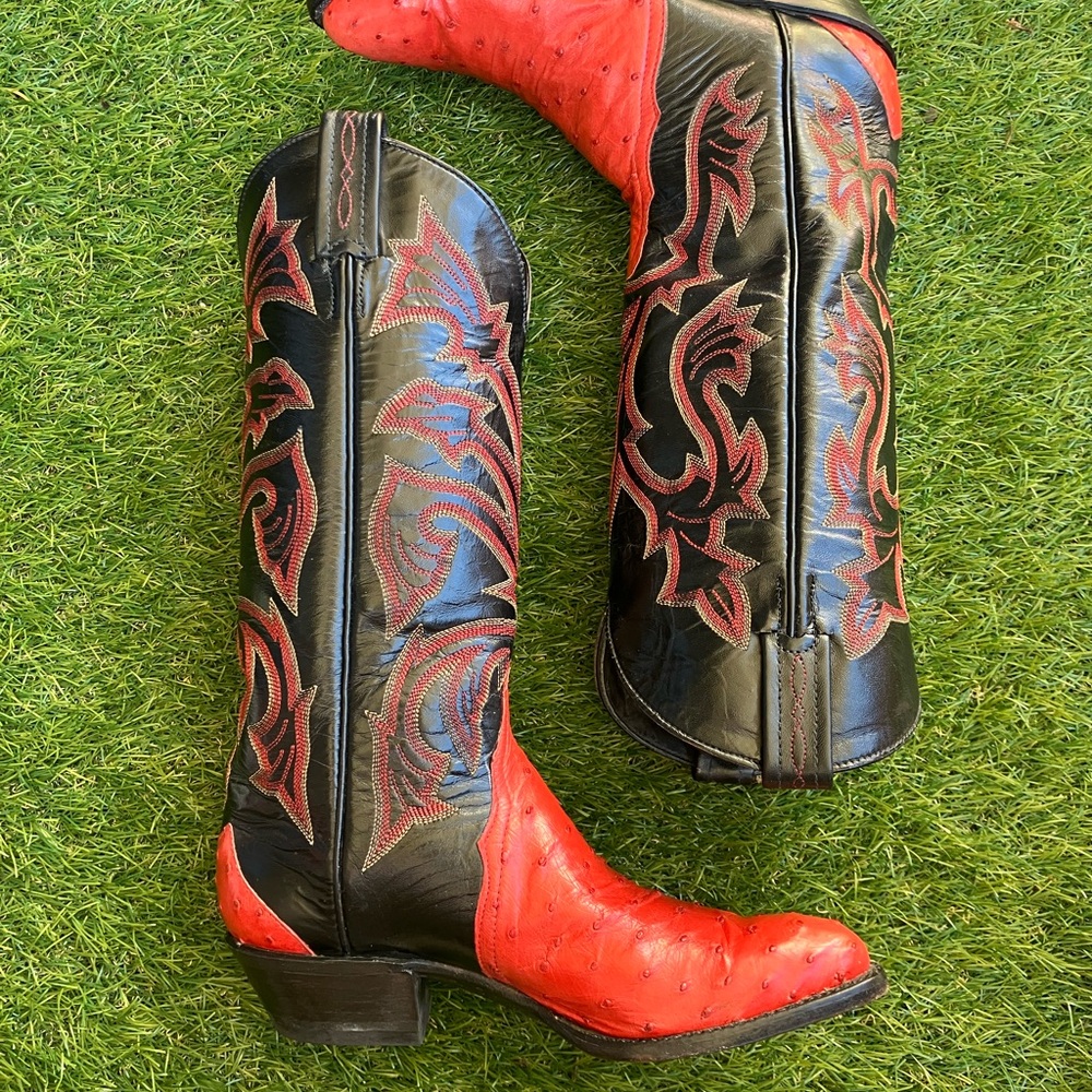 Red Ostrich Tony Lama, Excellent Carver Care Condition, Cowgirl Boots - Picture 2 of 7